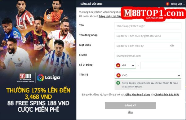 Bạn Click đăng ký trên giao diện trang chủ M88