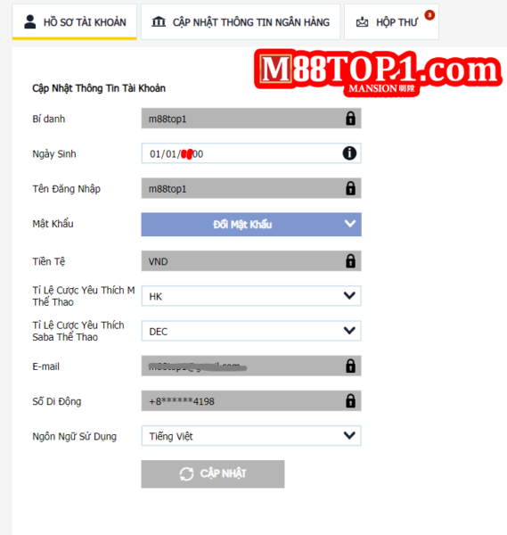 Hoàn thiện thông tin tài khoản M88